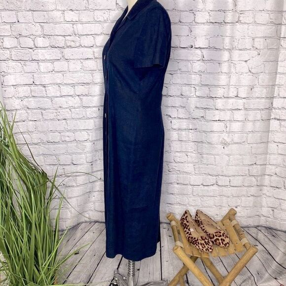 Maggy London Womens Linen Blend Button Front Collared Midi Linen Shift Dress Nav - Picture 3 of 13